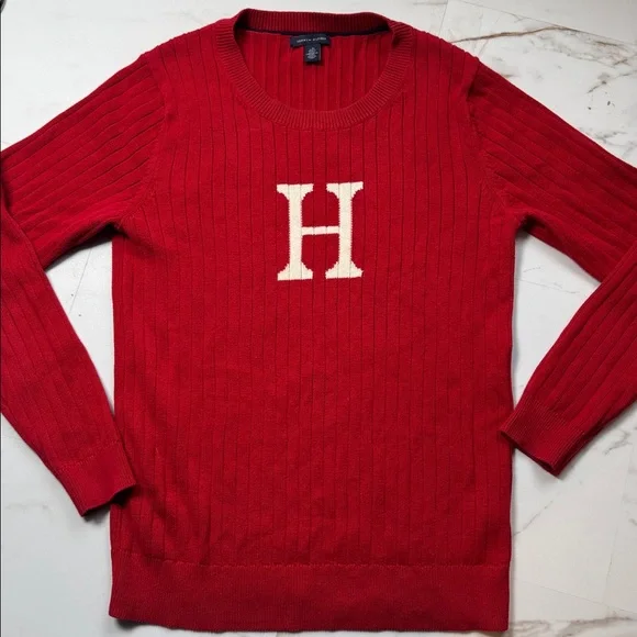 Tommy Hilfiger Vintage Y2K Womens L Sweater Ribbed H Logo Red Crew 90s Spellout - Picture 2 of 10